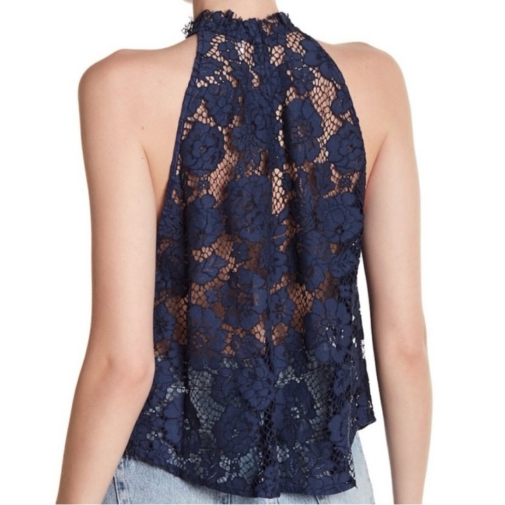 SOLD-Free People Navy Blue Halter High Neck Sleeveless Floral Mesh Crochet Lace - Picture 8 of 12